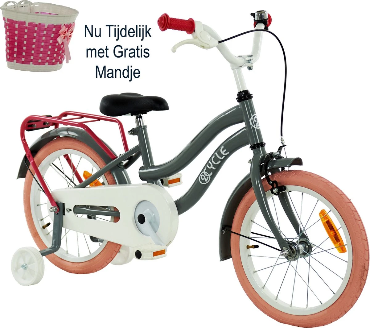 2Cycle Pretty Meisjesfiets - 16 Inch - Grijs-Roze - Meisjesfiets 1 2Cycle Pretty Meisjesfiets - 16 Inch - Grijs-Roze - Meisjesfiets