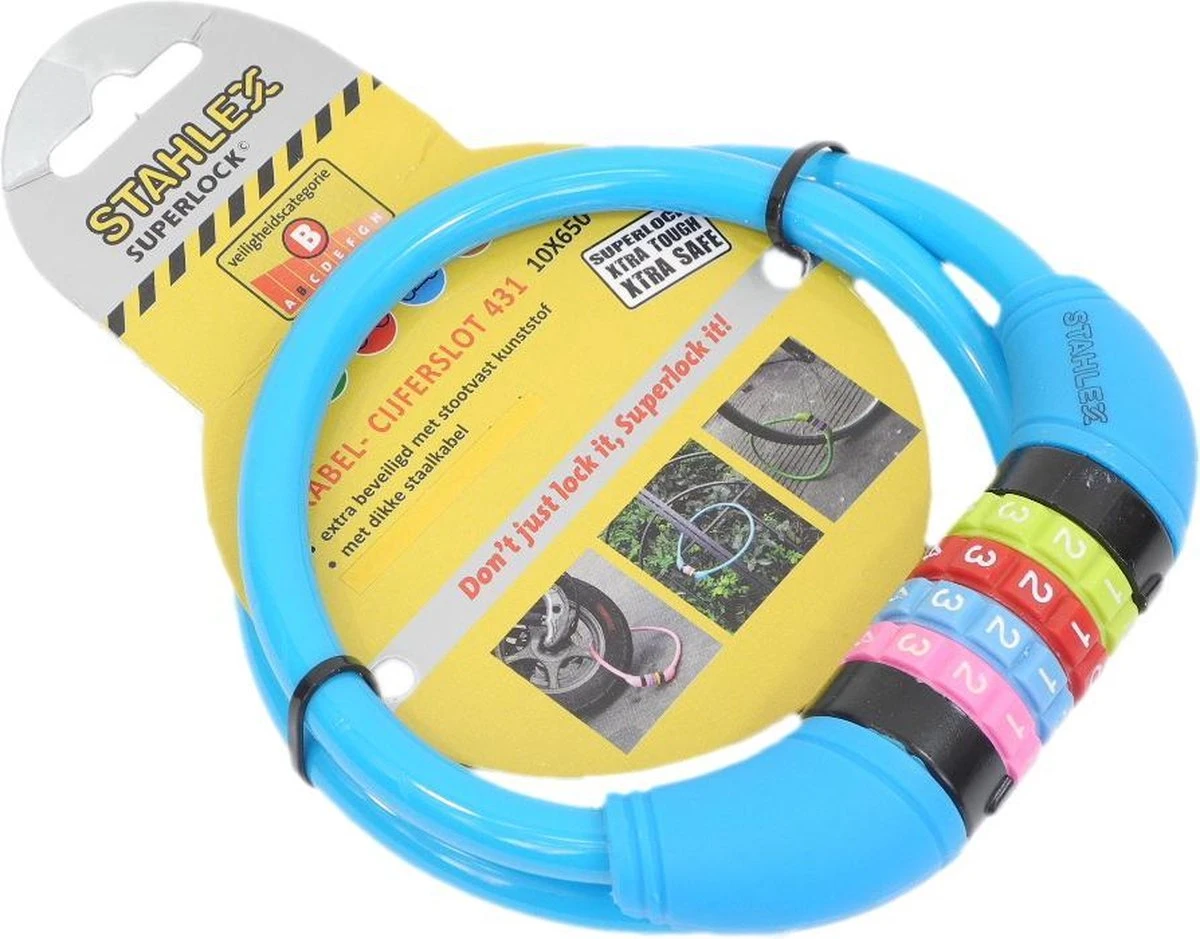 Benson Stahlex Ø10mm / 65cm Kabelslot Schlechts 230g Met Cijferslot | Het Eerste Fietsslot Voor Uw Kind | Blauw 1 Benson Stahlex Ø10mm / 65cm Kabelslot Schlechts 230g Met Cijferslot | Het Eerste Fietsslot Voor Uw Kind | Blauw